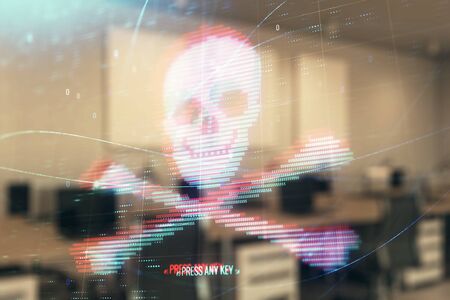 Hacking theme hologram with office interior on background. Double exposure. Concept of cyber piracyの写真素材
