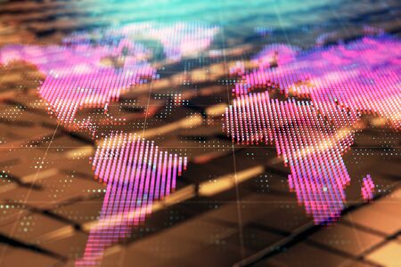 Globe hologram and abstract background. Double exposure. Concept of international business.