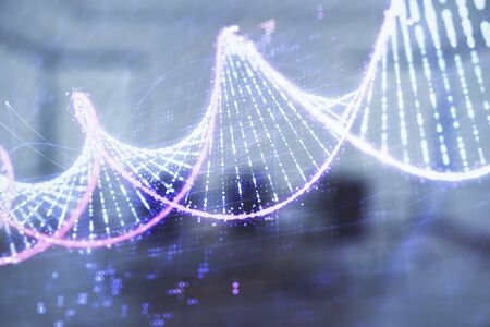 Double exposure of DNA hologram on conference room background. Concept of education