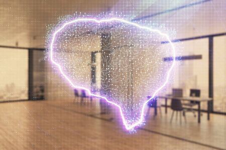 Human brain drawing with office interior on background. Double exposure. Concept of innovation.の写真素材