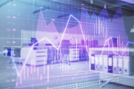Stock market chart with trading desk bank office interior on background. Double exposure. Concept of financial analysisの写真素材