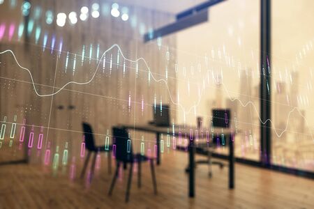 Business theme graph hologram with minimalistic cabinet interior background. Double exposure. Stock market concept.の写真素材