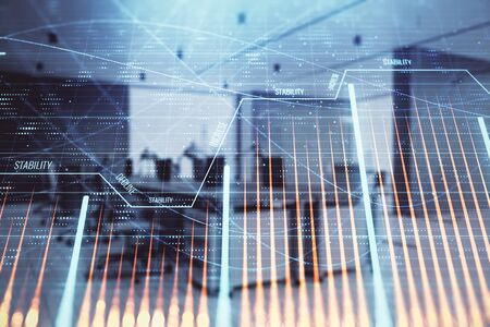 Stock market chart with trading desk bank office interior on background. Double exposure. Concept of financial analysisの写真素材