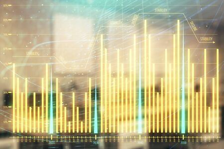 Stock market chart with trading desk bank office interior on background. Double exposure. Concept of financial analysisの写真素材