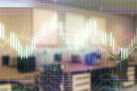 Stock market chart with trading desk bank office interior on background. Double exposure. Concept of financial analysisの写真素材
