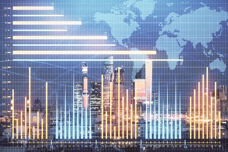 Double exposure of financial graph and world map on city veiw background. Concept of financial market research and analysisの写真素材