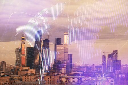 Double exposure of world map on city veiw background. Concept of international tradingの写真素材