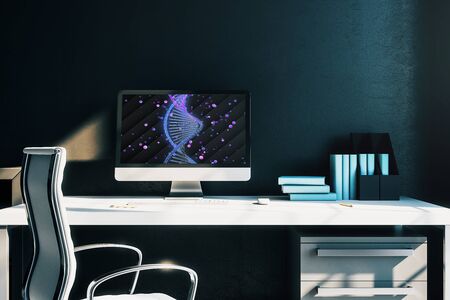 Desktop interior with DNA drawing on computer screen, table and chair. Concept of education. 3d rendering.の写真素材