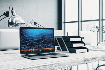 Cabinet desktop interior with financial charts and graphs on computer screen. Concept of stock market analysis and trading. 3d rendering.の写真素材