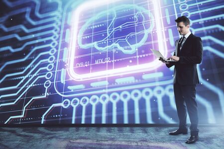 Man and brain icon hologram. Double exposure. Concept of data developmentの写真素材