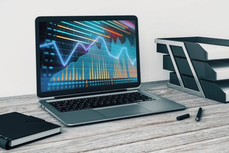 Laptop closeup with forex graph on computer screen. Financial trading and education concept. 3d rendering.の写真素材