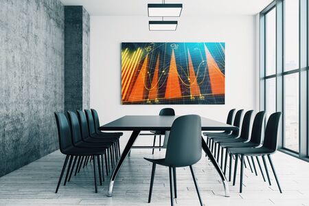 Conference room interior with financial chart on screen monitor on the wall. Stock market analysis concept. 3d rendering.の写真素材