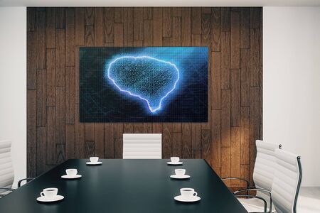 Conference room interior with human brain drawing on screen on the wall. Brainstorm concept. 3d rendering.の写真素材