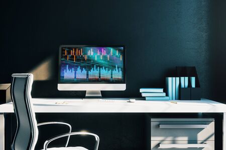 Cabinet desktop interior with financial charts and graphs on computer screen. Concept of stock market analysis and trading. 3d rendering.の写真素材