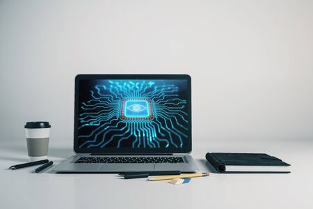 Laptop closeup with abstract tech drawing on computer screen. Technology innovation concept. 3d rendering.の写真素材