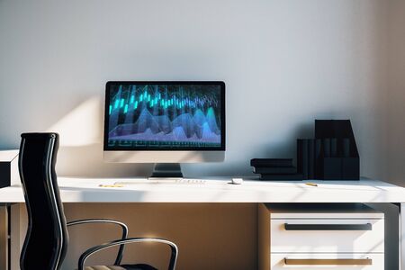 Cabinet desktop interior with financial charts and graphs on computer screen. Concept of stock market analysis and trading. 3d rendering.の写真素材