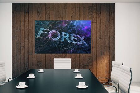 Conference room interior with financial chart on screen monitor on the wall. Stock market analysis concept. 3d rendering.の写真素材