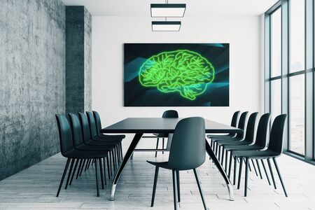 Conference room interior with human brain drawing on screen on the wall. Brainstorm concept. 3d rendering.の写真素材