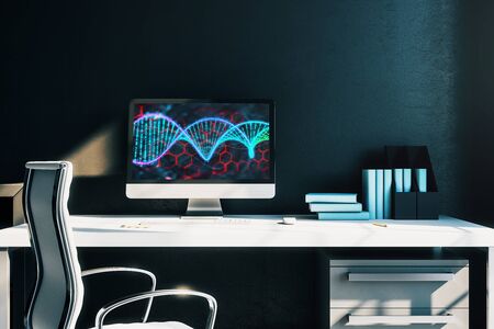 Desktop interior with DNA drawing on computer screen, table and chair. Concept of education. 3d rendering.の写真素材