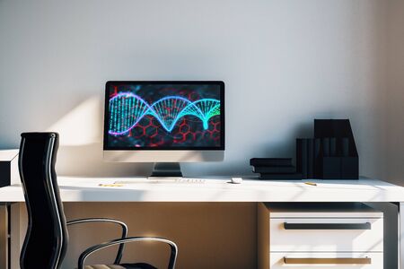 Desktop interior with DNA drawing on computer screen, table and chair. Concept of education. 3d rendering.の写真素材