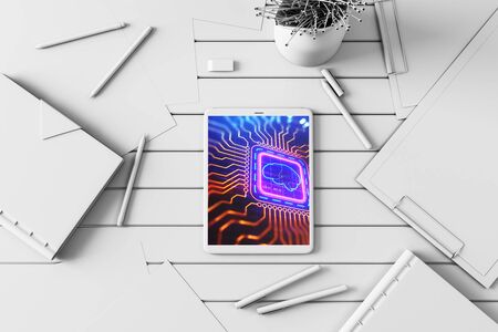 Digital tablet closeup with brain drawing on screen. Data technology concept. 3d rendering.の写真素材