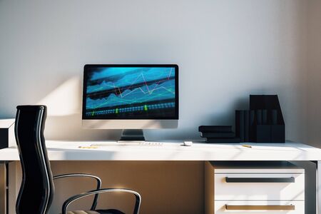 Cabinet desktop interior with financial charts and graphs on computer screen. Concept of stock market analysis and trading. 3d rendering.の写真素材