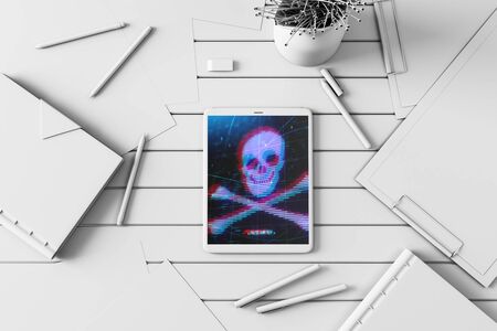 Digital tablet closeup with hacking theme drawing on screen. Data safety concept. 3d rendering.の写真素材