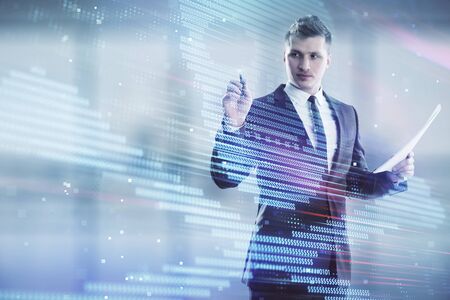 Man and hacking icon hologram. Double exposure. Concept of data safetyの写真素材
