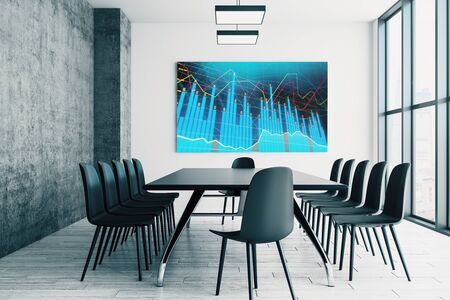 Conference room interior with financial chart on screen monitor on the wall. Stock market analysis concept. 3d rendering.の写真素材