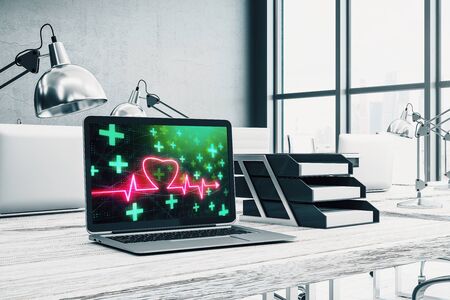 Desktop interior with human heart drawing on computer screen, table and chair. Concept of medical education. 3d rendering.の写真素材