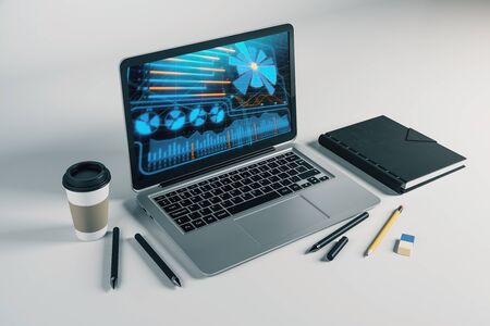 Laptop closeup with business theme drawing on computer screen. 3d rendering.の写真素材