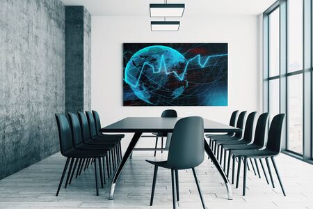 Conference room interior with financial chart and world map on screen monitor on the wall. Stock market analysis concept. 3d rendering.の写真素材