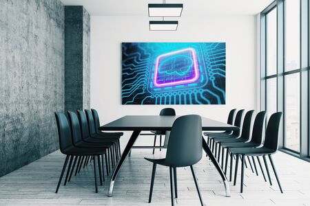Conference room interior with human brain drawing on screen on the wall. Brainstorm concept. 3d rendering.の写真素材
