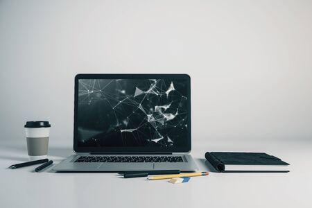 Laptop closeup with abstract tech drawing on computer screen. Technology innovation concept. 3d rendering.の写真素材