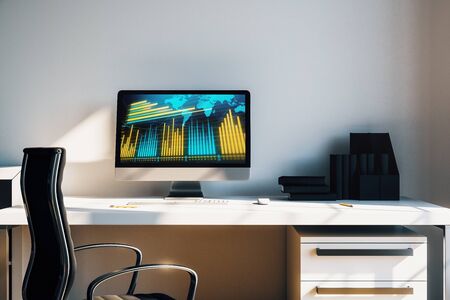 Cabinet desktop interior with financial charts and world map on computer screen. Concept of international market analysis and trading. 3d rendering.の写真素材