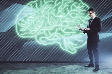 Man and brain icon hologram. Double exposure. Concept of data developmentの写真素材
