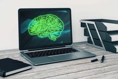 Laptop closeup with brain drawing on computer screen. Big data concept. 3d rendering.の写真素材