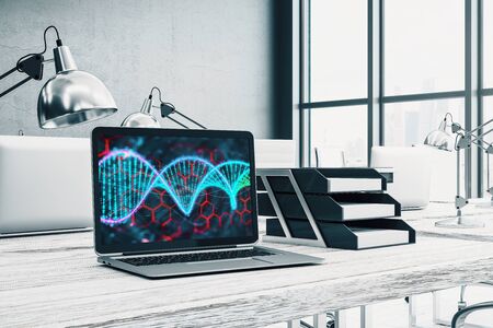 Desktop interior with DNA drawing on computer screen, table and chair. Concept of education. 3d rendering.の写真素材