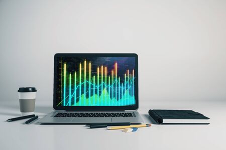 Laptop closeup with forex graph on computer screen. Financial trading and education concept. 3d rendering.の写真素材