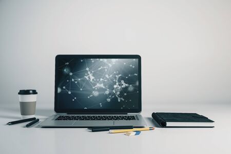Laptop closeup with abstract tech drawing on computer screen. Technology innovation concept. 3d rendering.の写真素材
