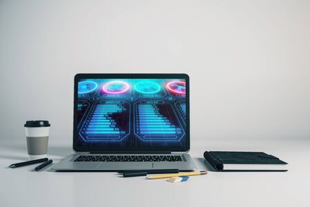 Laptop closeup with business theme drawing on computer screen. 3d rendering.の写真素材