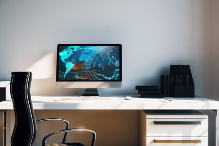 Cabinet desktop interior with financial charts and world map on computer screen. Concept of international market analysis and trading. 3d rendering.の写真素材