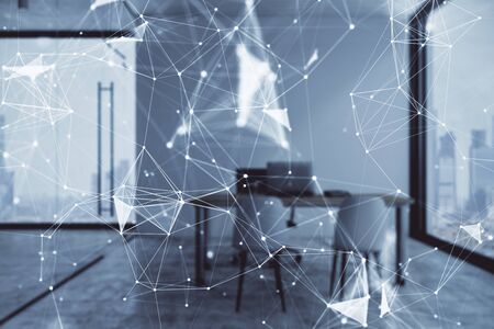 Tech theme abstract hologram and minimalistic cabinet interior background. Double exposure. High technology concept.の写真素材