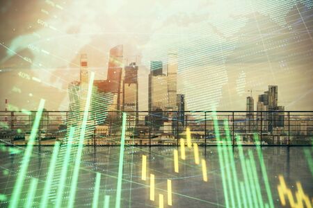 Forex graph with map hologram with city view from roof background. Double exposure. Financial analysis concept.の写真素材