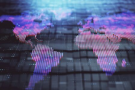 Globe hologram and abstract background. Double exposure. Concept of international business.の写真素材