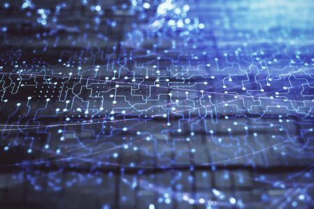 Tech theme hologram and abstract background. Double exposure. Concept technologyの写真素材