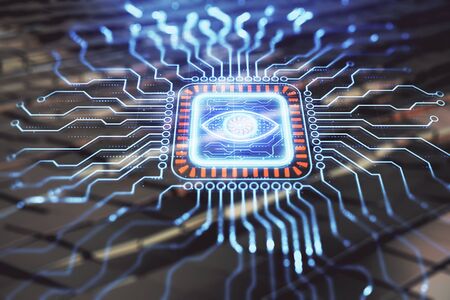 Tech theme hologram and abstract background. Double exposure. Concept technologyの写真素材