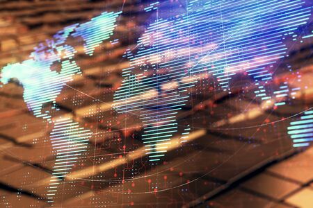 Globe hologram and abstract background. Double exposure. Concept of international business.
