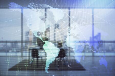 World map and minimalistic cabinet interior background. Double exposure. International business concept.の写真素材