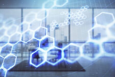 Tech theme abstract hologram and minimalistic cabinet interior background. Double exposure. High technology concept.の写真素材